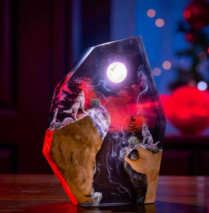Blood Moon wolves resin lamp