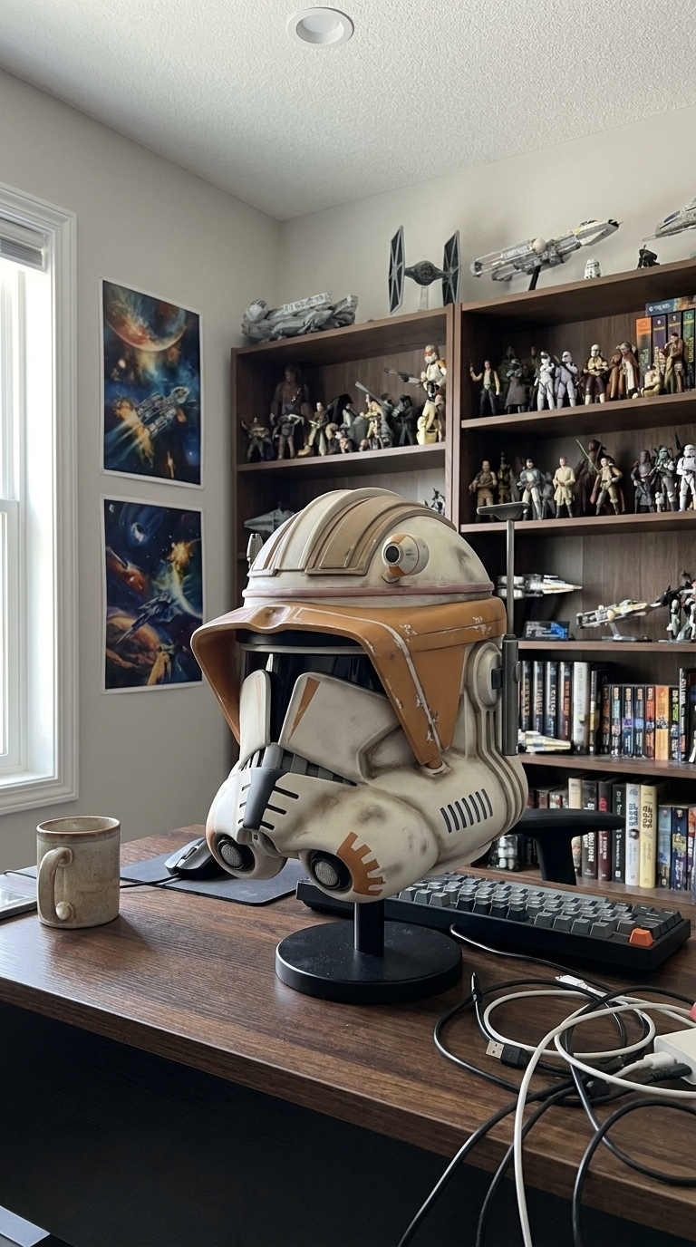 Commander Cody resin helmet on desk