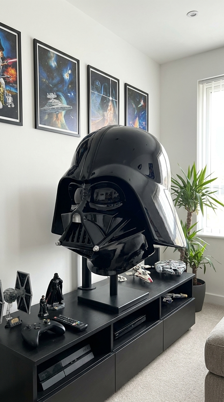 Black resin display helmet on media console