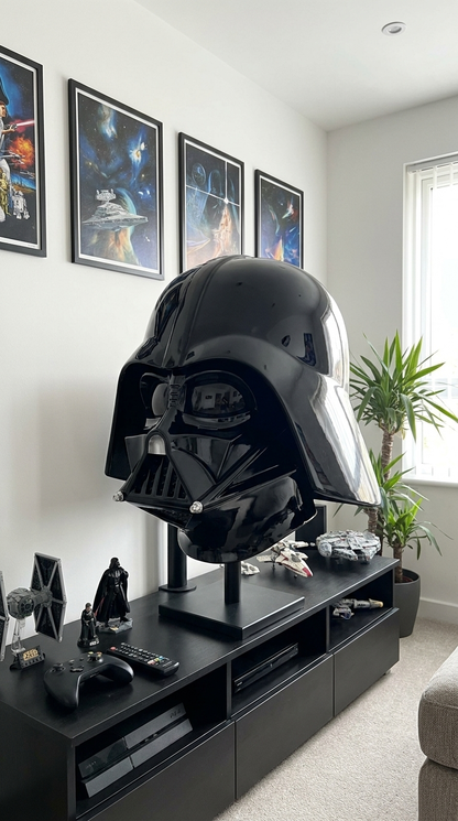Black resin display helmet on media console